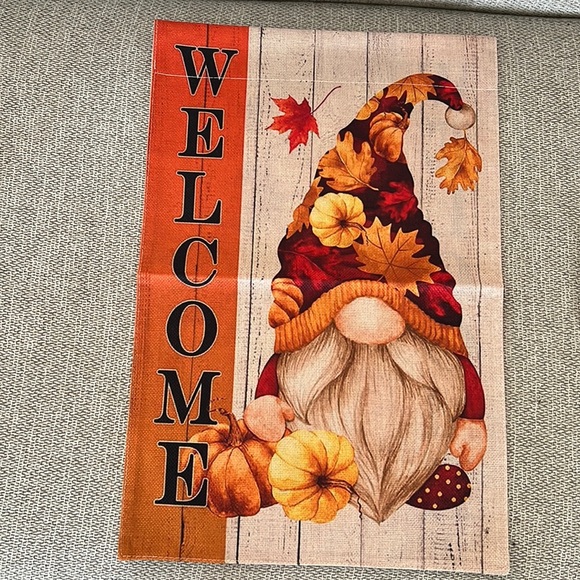 Fall Autumn Flags Burlap Double Sided 12x18” Gnomes “Welcome” - Picture 1 of 2